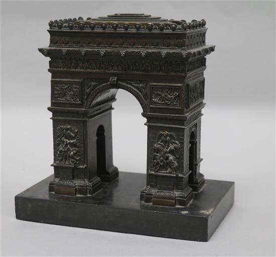 A French bronze model of the Arc de Triomphe, on slate plinth, 20 x 20cm (overall)